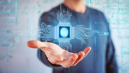 Man Holding Holographic Fingerprint Circuitry