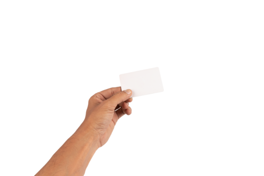 Black male hand holding a white business card mockup isolated no background