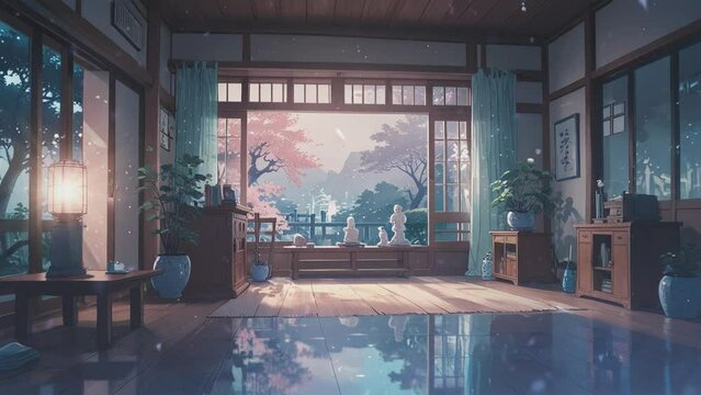 Anime-style Video background of a traditional Japanese room with a view of a cherry blossom tree outside.