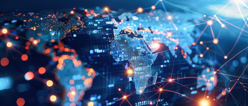 Virtual business conference with global participants, digital interfaces