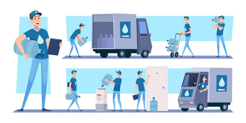 Water delivery. Service people transporting water plastic bottles exact vector cartoon template