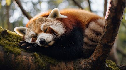 a red panda sleeping on a tree