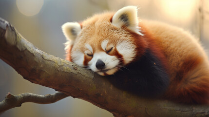 a red panda sleeping on a tree