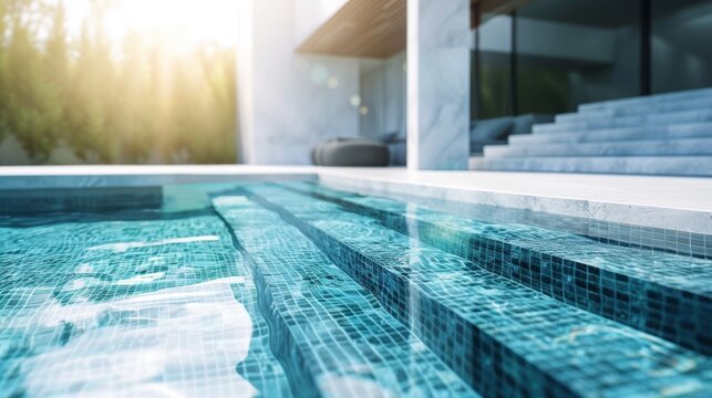 Water pump cleaning a swimming pool, corner perspective, crystal clear water, modern pool design, bright daylight