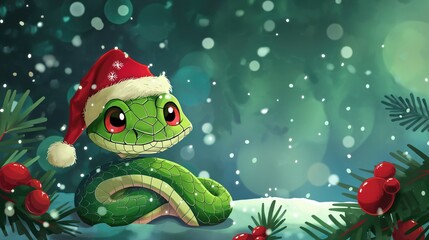 Cute cartoon illustration of a snake symbol of the year 2025 in a Christmas hat. Happy New Year greeting card. New Year concept	