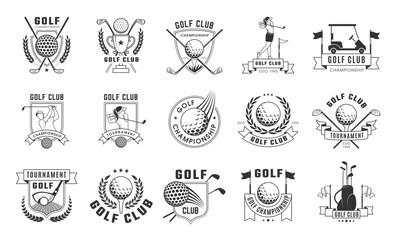 Golf badges. Sport logos for golf club badges with specific tools cups balls stick recent vector template with place for personal text