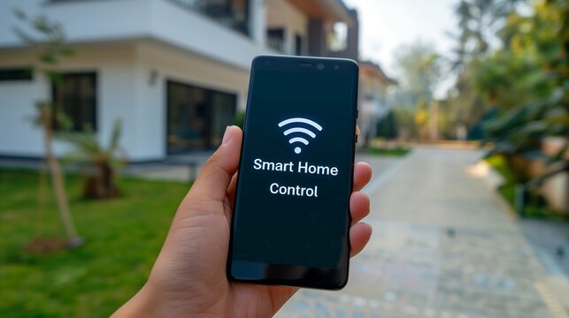 A person using a mobile phone app to control various smart home devices, showcasing the convenience and connectivity of modern smart home technology.