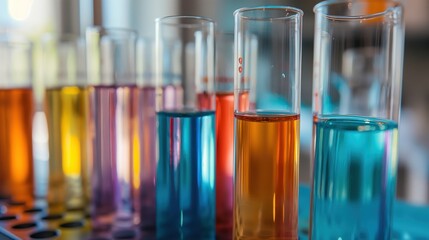 science laboratory, close up of colorful chemical test tubes 
