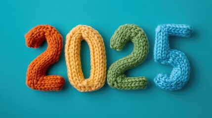Wool knit numbers 2025 on a blue background. Happy New Year greeting card. New Year concept