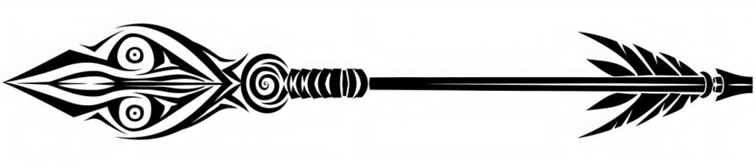 Striking Black Tribal Arrow with Spiral Design on White Background