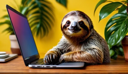 Cute sloth is working on a laptop