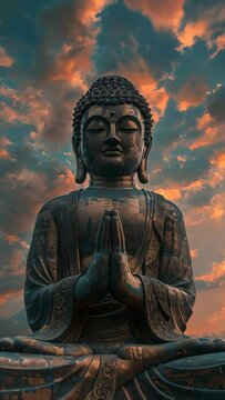 A statue of a Buddha with his hands in a prayer position. The sky is cloudy and the sun is setting