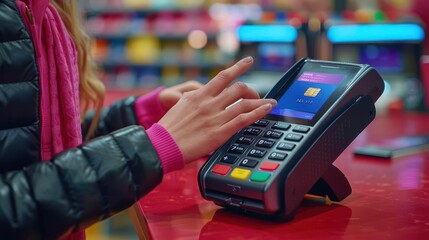 Hand with smartphone near POS terminal, contactless transaction, clear and detailed, modern payment solution