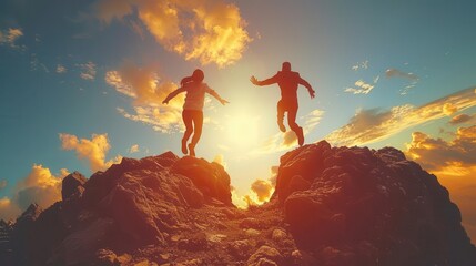 Silhouette jump between two cliffs, freedom concept, high detail and dynamic, success theme