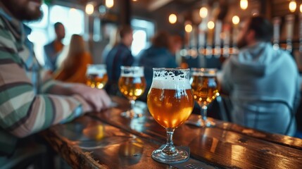 A craft beer tasting in a brewery, with patrons sampling small batches of different brews, discussing flavor profiles and brewing techniques.