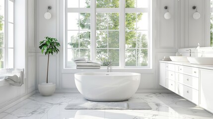 Chic white bathroom with modern fixtures and elegant decor, highlighting luxury and comfort