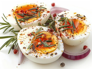 Boiled egg isolated on white background, top view, close up