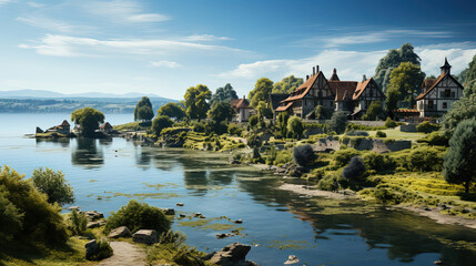 Fototapeta premium Beautiful Lake Constance With A Peaceful Lakeside Village As The Landscape Background