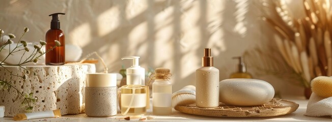 Fototapeta premium Assorted beauty products in a tranquil spa setting, promoting natural beauty and a luxurious self-care atmosphere