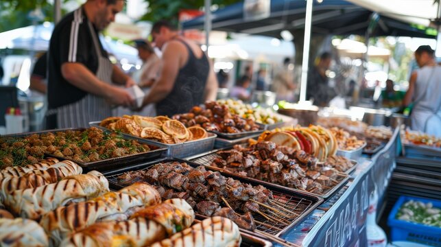 Fototapeta A Greek food festival with stalls selling gyros, souvlaki, and baklava, celebrating Greek culture and cuisine.