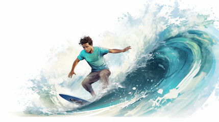 young man is surfing on a wave on surfboard, water drops, white and aquamarine, surfing illustration 