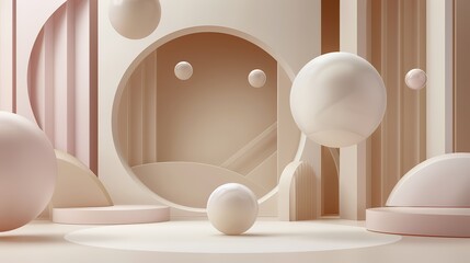 Abstract geometric composition with pastel colors, floating spheres, and arches on a wall, 3D rendering interior design mockup for product display, pink minimal concept with soft focus.