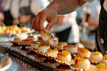 A seafood chef at a live cooking station, preparing scallops with precision and flair, drawing an...