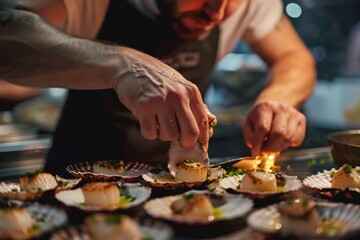 A seafood chef at a live cooking station, preparing scallops with precision and flair, drawing an audience at a gourmet food event.