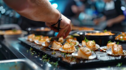 A seafood chef at a live cooking station, preparing scallops with precision and flair, drawing an audience at a gourmet food event.