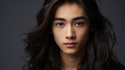 Fototapeta premium Portrait of a cute handsome happy Asian teenager guy with long hair and perfect skin, gray background, banner.