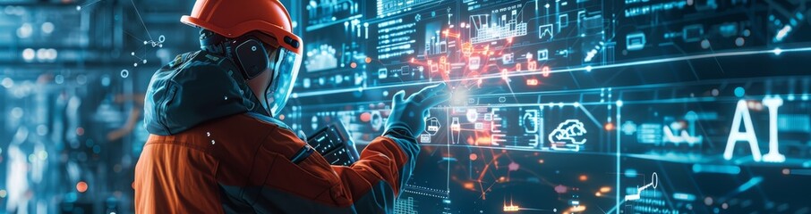 Engineer in an orange safety helmet interacting with AI interface in futuristic control room