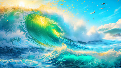 Captivating Ocean Waves , Japan's style ,Coastal Beauty  Giant  ocean  waves ,Concept Digital Art, Japan, Sea Waves, Iconic, Inspiration
