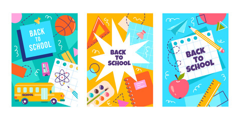 Vector posters set in doodle style with geometric shapes, design elements on school themes. Back to school, education concept