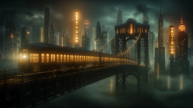 Futuristisches Bild mit einem beleuchteten Eisenbahn-Zug auf einer Br&uuml;cke im Nebel durch eine unwirkliche Mega-Stadt mit leuchtenden Wolkenkratzern