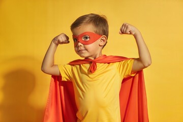 Superhero Kid in Red Cape Flexing Muscles
