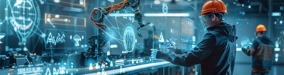 Engineer using futuristic digital interface in modern manufacturing facility with robotic arm