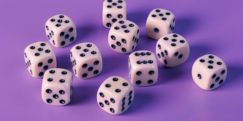 A bunch of dice are laying on a purple background