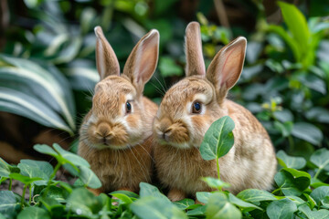 Fototapeta premium Two baby rabbits are sitting in the grass, looking at the camera