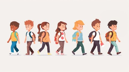 Fototapeta premium Happy cartoon character walking to school minimalistic vector on white background