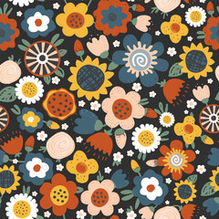 Fototapeta premium Abstract seamless pattern with cute hand drawn meadow flowers. Fashion stylish natural background. Hand drawn Scandinavian design for fabric, print, cover, banner, wrapping, wallpaper