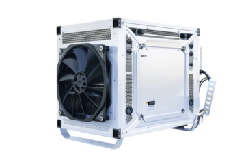 A black metal computer power supply unit with a cooler isolated on a white background