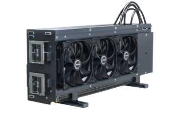 A high-performance GPU mining rig with cooling fans for cryptocurrency mining, showcasing advanced hardware technology and setup.