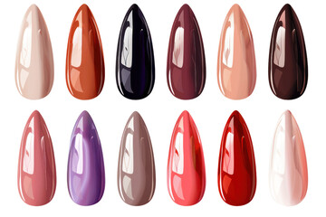 Fototapeta premium A vibrant collection of nail polish swatches in various colors, showcasing glossy finishes and diverse shades for stylish manicures.
