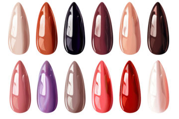 A vibrant collection of nail polish swatches in various colors, showcasing glossy finishes and diverse shades for stylish manicures.
