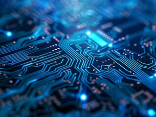 Illuminated Blue Circuit Board with Bokeh Effect Showcasing Digital Technology and Cyber Security