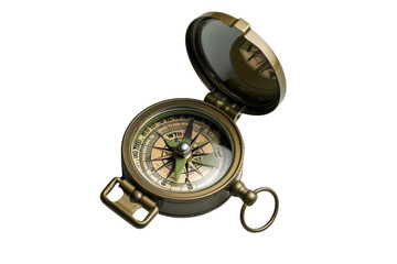 Antique brass compass with lid open, showing intricate details. Perfect navigation tool for exploration, travel, and adventure themes.