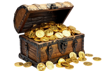A wooden treasure chest overflowing with gold coins, symbolizing wealth, fortune, and adventure. Perfect for themes of treasure hunting.
