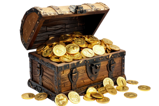A wooden treasure chest overflowing with gold coins, symbolizing wealth, fortune, and adventure. Perfect for themes of treasure hunting.