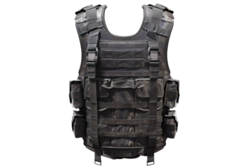 Black tactical vest with various pouches and straps for military and combat use. Ideal for security, outdoor, and law enforcement purposes.