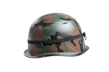 Camouflage military helmet isolated on white background. Perfect for army, war, or safety topics.